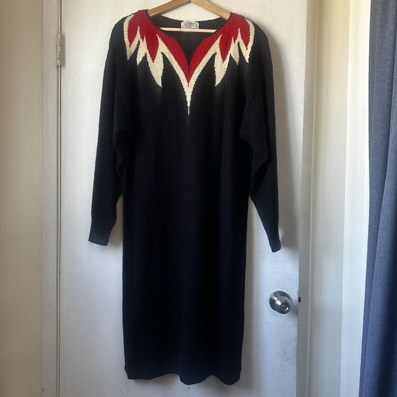 glam Dresses & Skirts - Vintage 80's Knit Sweater Dress Black Red Graphic Glam Moto Babe Mob Wife XL